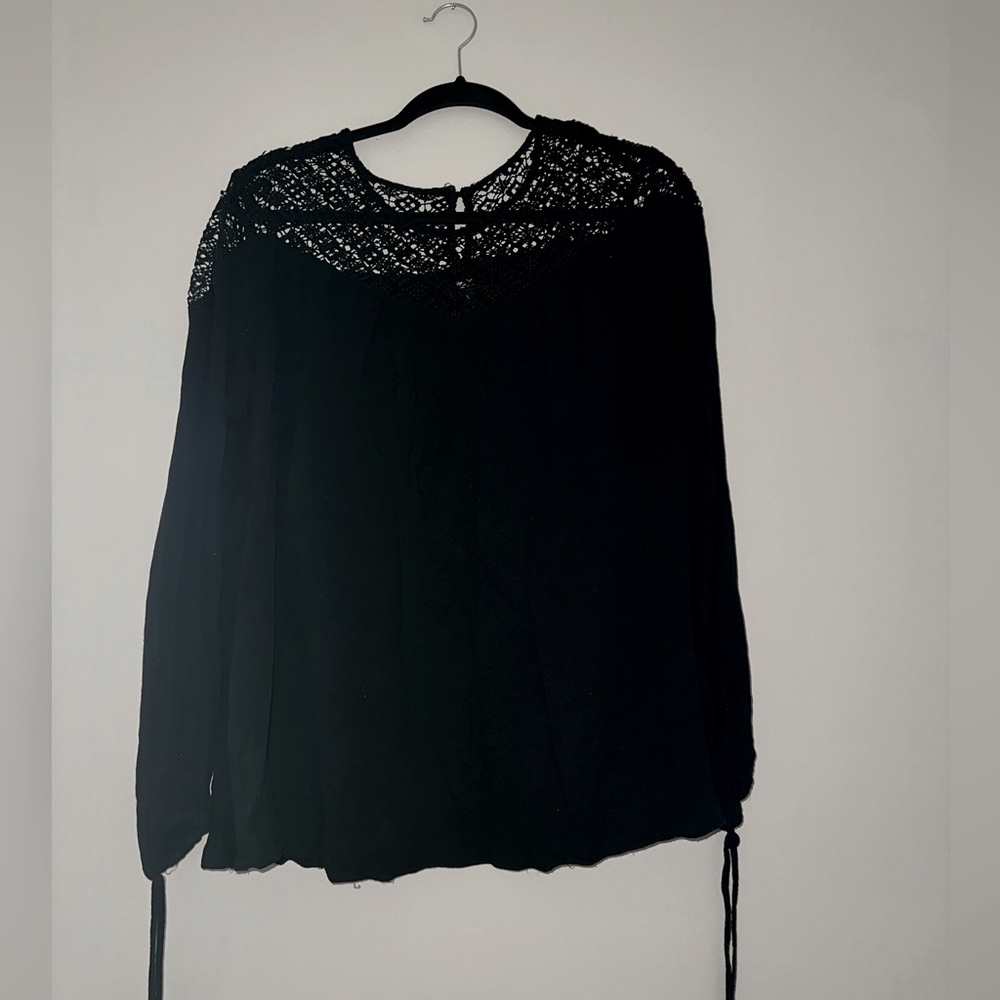 Black, crochet top long sleeve peasant blouse with elastic tie up wrist cuffs
